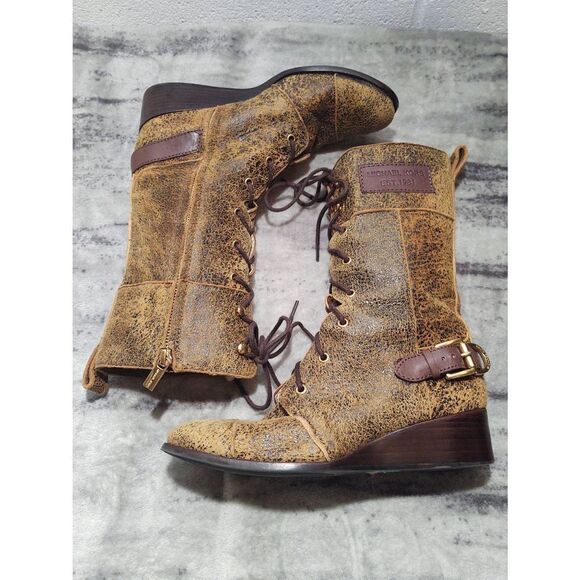 NWOT Michael Kors Woolley Brown Distressed Leather Combat Boot Lace Zip Up 7M - Picture 1 of 10
